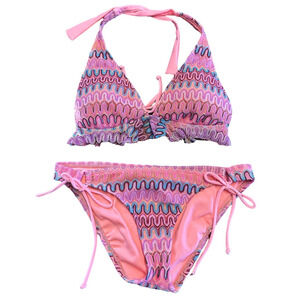 Hobie Pink Embroidered Ruffle Trim Bikini, Size L
